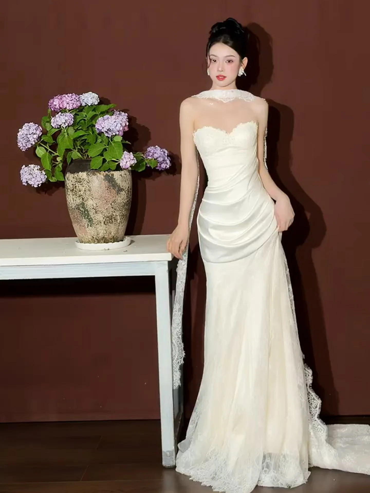 

Ele Lace Bridal Gown Svel Wedding Dr with Train for Engagement Par Long Evening Gown Floor Length Evening Dr