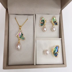 ZHBORUINI New Natural Freshwater Pearl Pendant Earring Ring Jewelry Set Abalone Shell Butterfly Shaped Pearl Set Anniversary