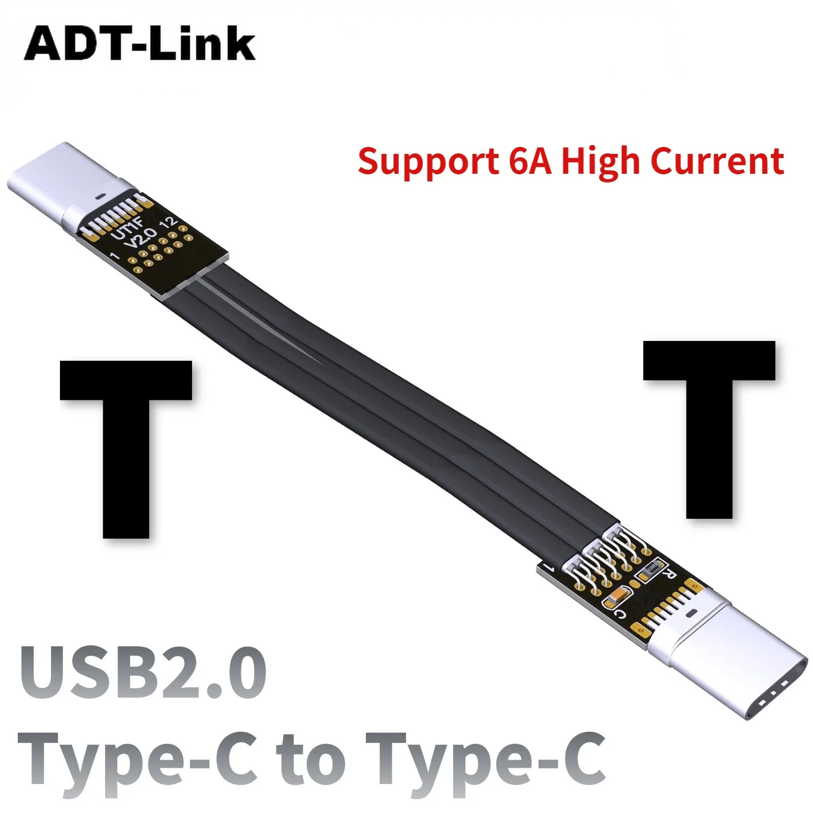 2022 ADT 6A Internal USB2.0 Type C Male/Female Thin Short Flat Cable EMI Shielded USB-C Up/Down Connector Charging Data Extender