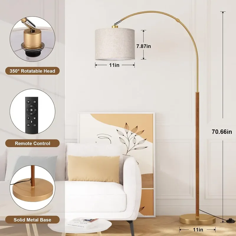 Dimmable Arc Floor Lamp with Remote Color Temp Adjust Woodgrain