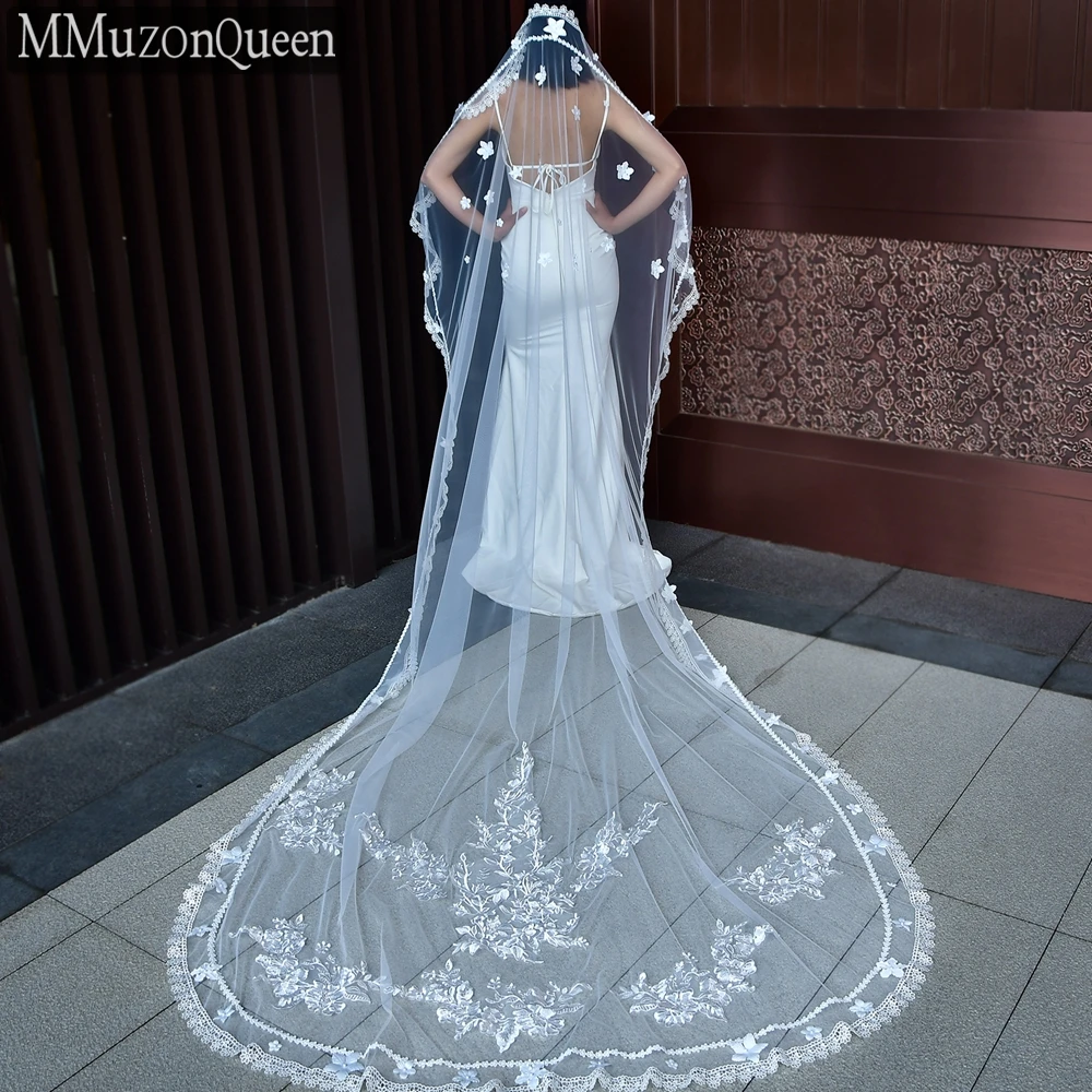 MZA46-Long Voile de Mariage avec Bordure en Dentelle, Fleur en Dentelle 3D, Accessoire de Luxe pour Mariée, 3 Mètres, 2023