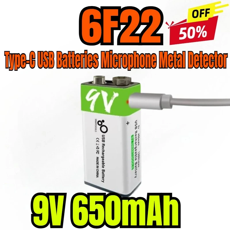 9V Rechargeable Li-Ion Battery 650mAh Type-C Charging 1.5H Rapid Recharge Ecofriendly Batteries for Metal Detector Flashlight