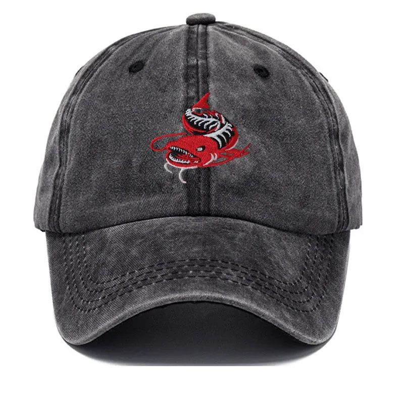 Men Washed Grey Baseball Cap Angler Fish Embroidery Pattern Soft Dad Hat Unisex Adjustable Snapback Casual Fishing Sport Hat