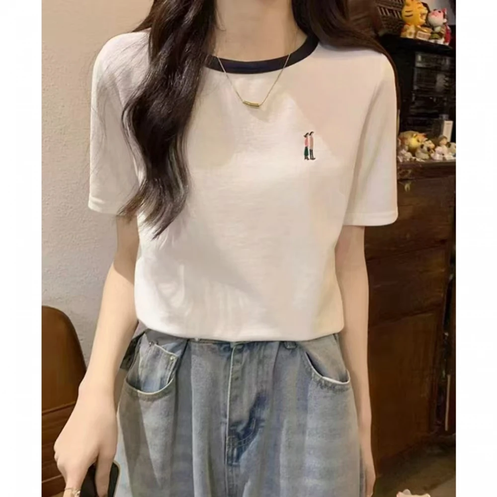 

Элегантная женская футболка с вышивкой и коротким рукавом, стандартный крой, в корейском стиле, для повседневной носки, с круглым вырезом, вязаная, летняя, новый дизайн