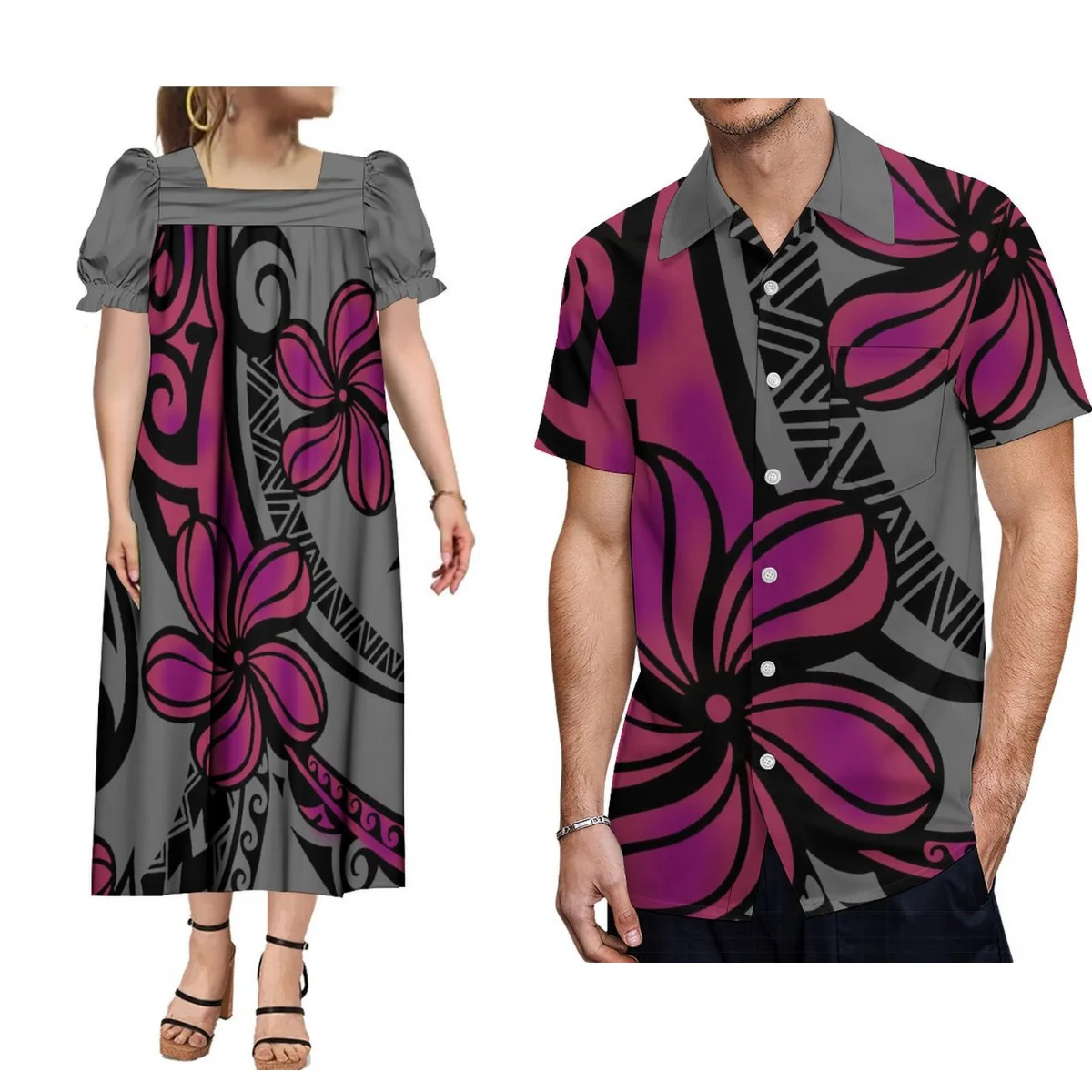 

Summer Polynesian With Plus-Size Couple Suit Mumu Women'S Puffed Sleeve Dress With Hawaiian Men'S Beach Shirt