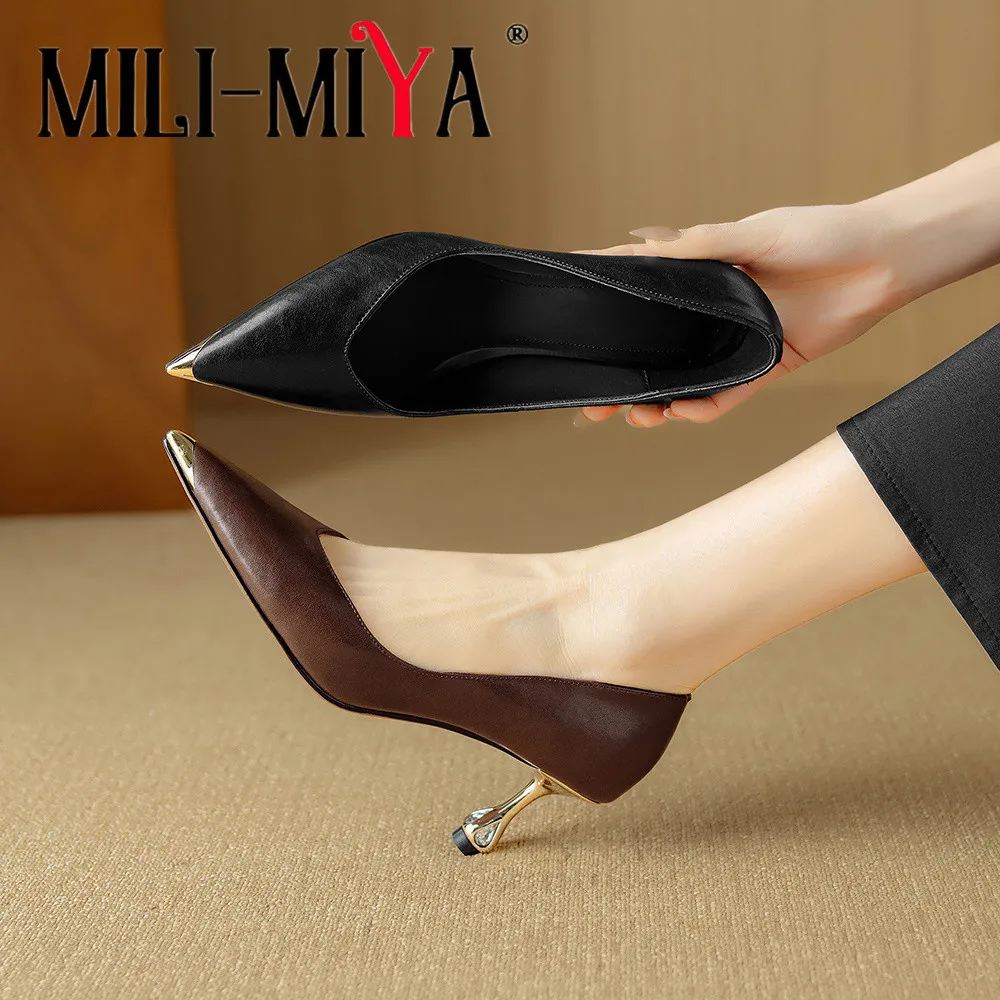 MILI-MIYA Women Full Sheep Skin Pointed Toe Pumps Thin Heels Metal Cover Toe Slip On Solid Color Career&Office Shoes For Ladies