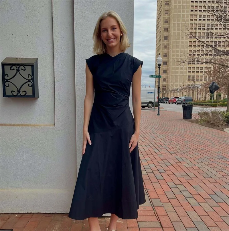 

Black Prom Dress Sexy Sleeveless Long A Line Party Gown Ruffles Daily Casual Formal Wedding Guest Birthday Robe