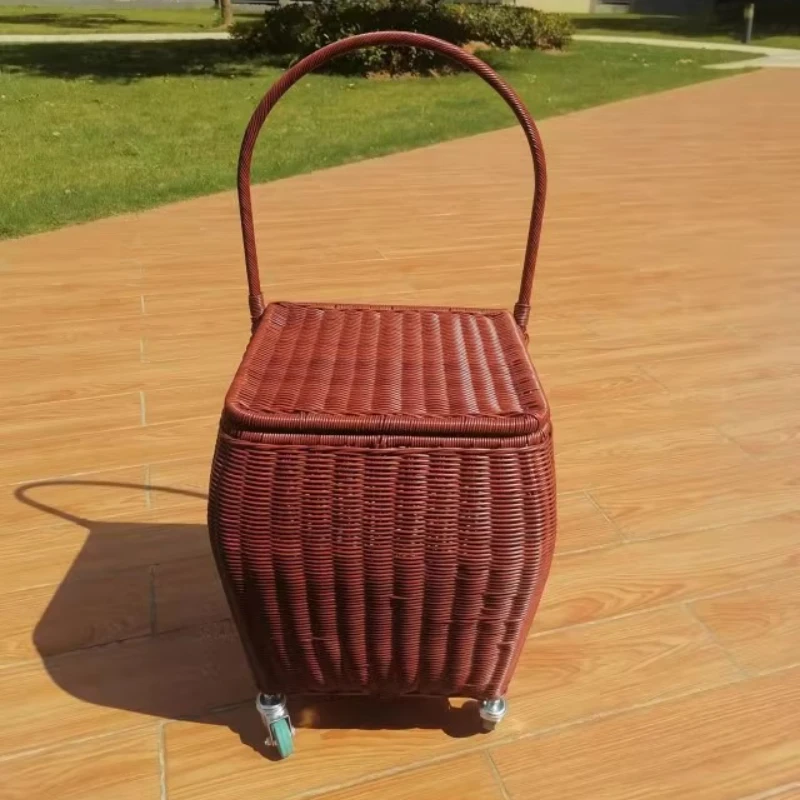 Handwoven Rattan Shopping Cart Home Grocery Trolley with Wheels Large Capacity Market Basket Stylish Pull Wagon for Supermarket