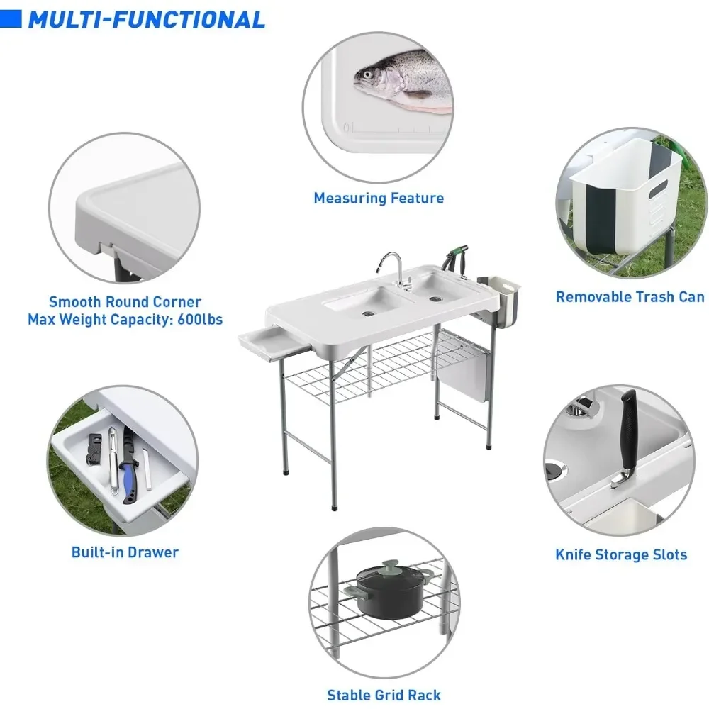 Table pliante d'extérieur, table portable de livres de poisson de 42.6 pouces de largeur avec double éviers et marque de mesure, table de camping