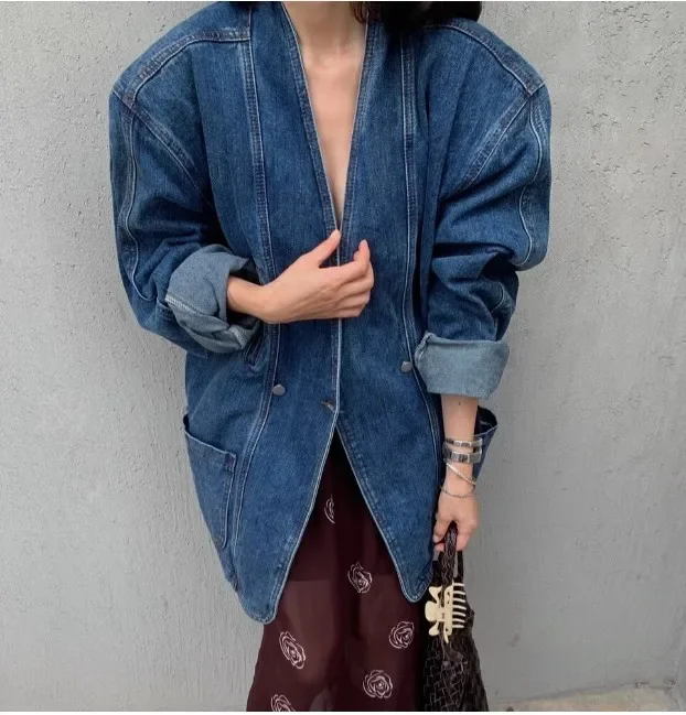 

Women Denim Jacket 2025 Spring Autumn Retro Double Breasted Shoulder Padded V Neck Loose Casual Long Blue Denim Coat