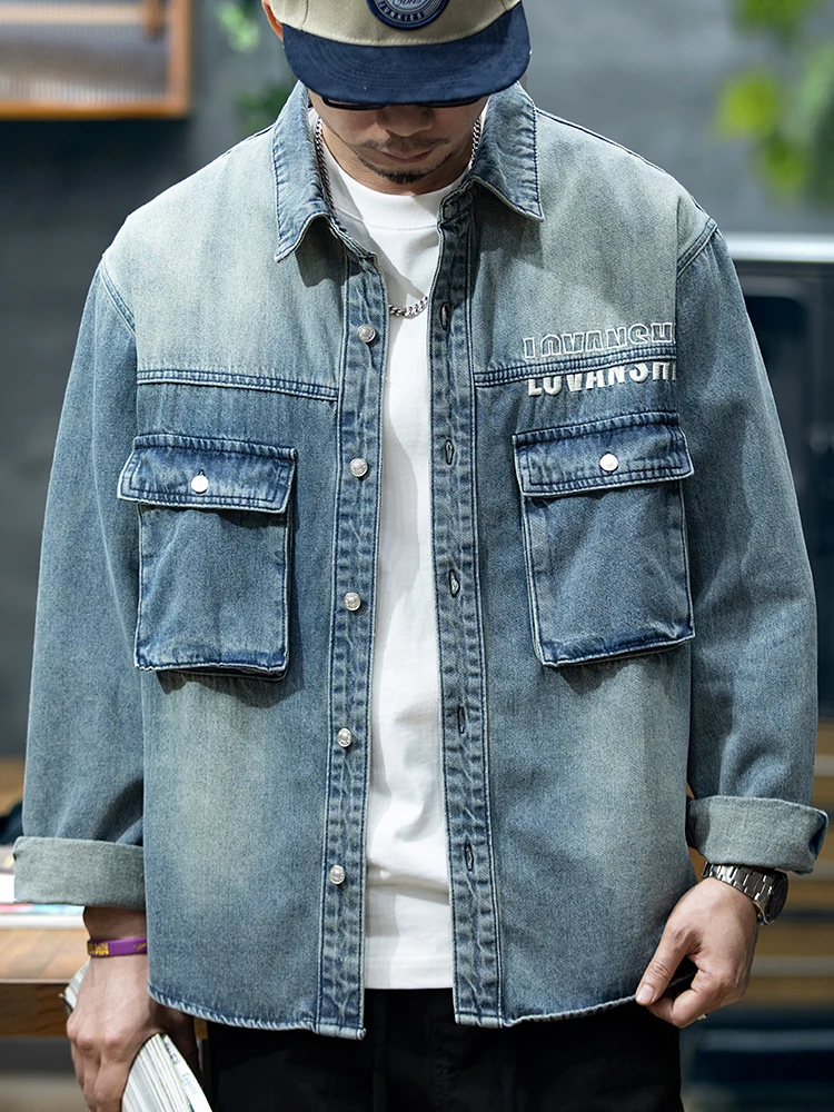 Retro American Long Sleeve Denim Shirt Men's Casual Loose Workwear Jacket Embroidered Cotton Polyester Blend Spring Wear