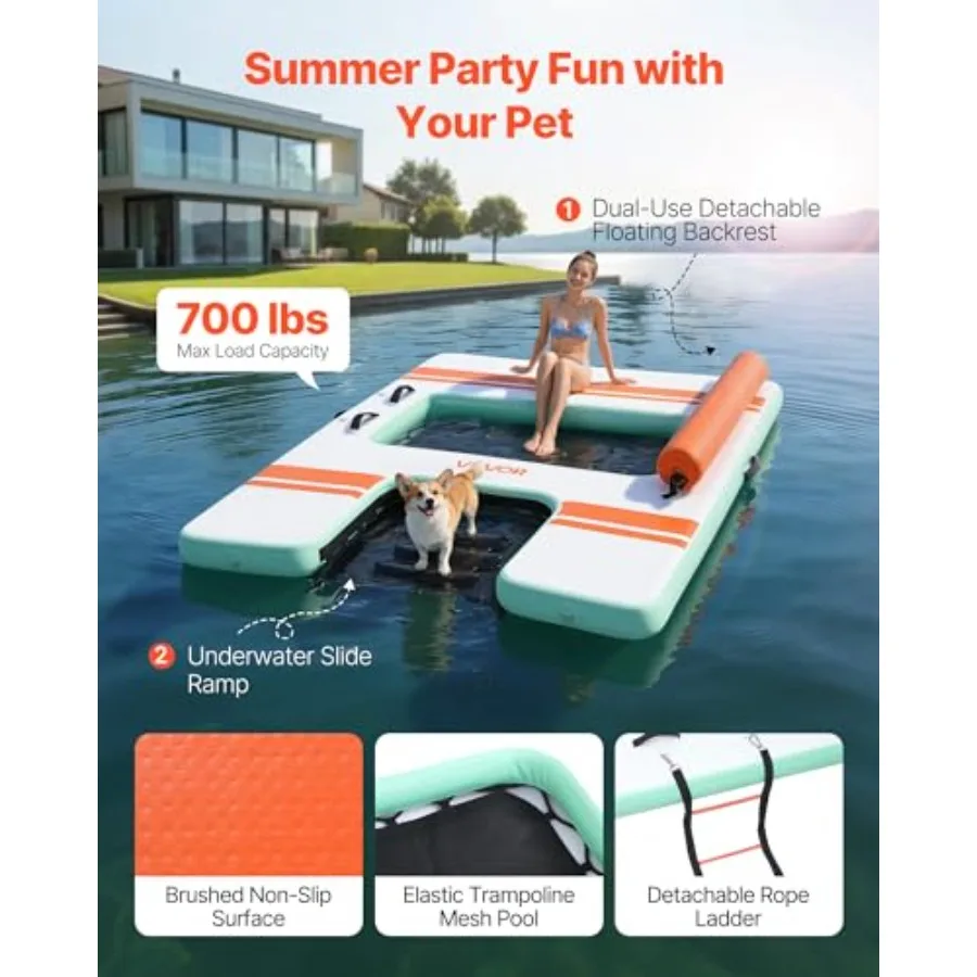 Inflatable Floating Dock for pool, beach, ocean use; PVC material; gray/black; non-slip surface, portable carrying bag included