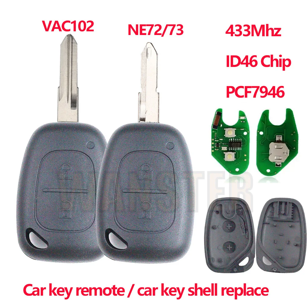 2BT 433Mhz ID46 PCF7946 Chip Car Key Fob Case Shell Housing for Renault Vauxhall Vivaro Traffic Primastar Master Kangoo Movano