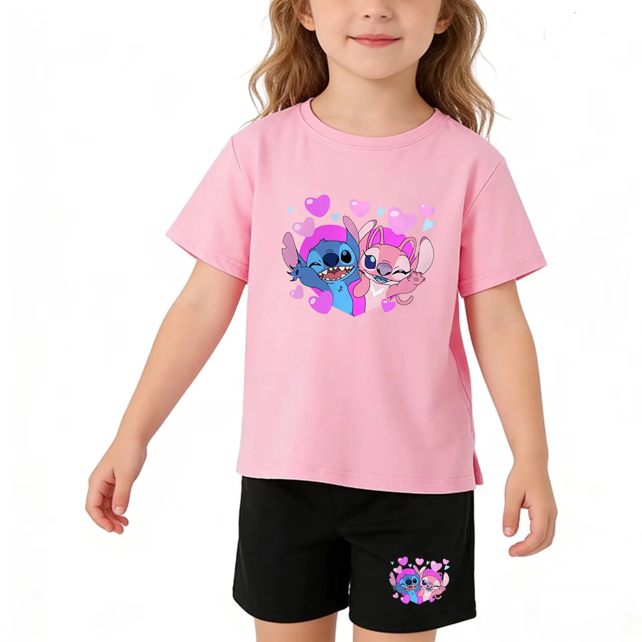 

Stitch Kids Summer Coat Charming Loving Heart Print T-shirt Boys Girl 3-12 Yrs Short-sleeved+Shorts 2P Casual Sports Jogging Set