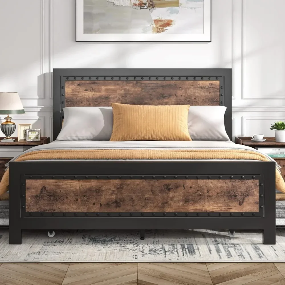 King Size  Bed Frame with 4 Storage Drawers, Rivet Modern Headboard and Footboard Platform, Metal Wood Beds Frame