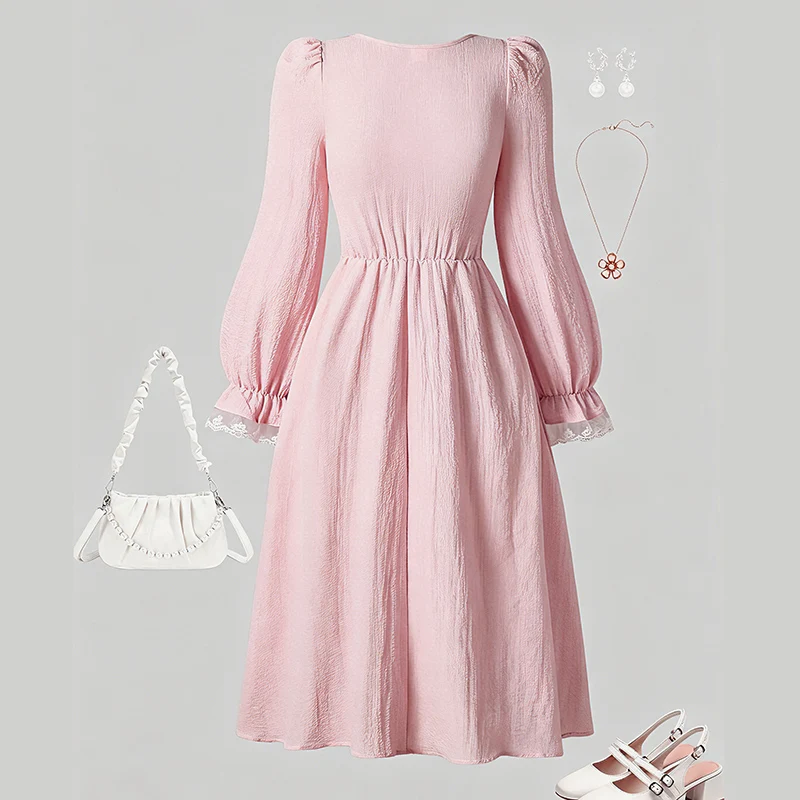 2023 herbst Neue Kinder Kleidung Mädchen Prinzessin Kleid Einfarbig Beige Quadrate Kragen Langarm Strappy A-line Kleid Für Mädchen – Detail 14