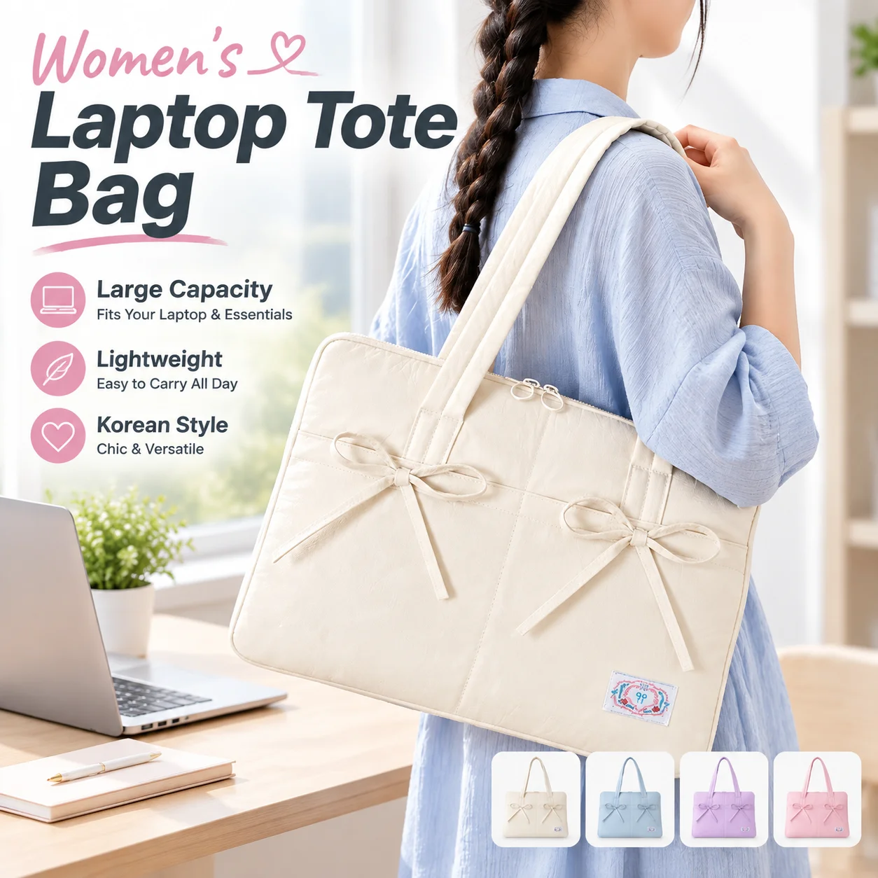 Women's Korean Style Bow Pleated Laptop Tote Bag Large Capacity Casual Commuter Shoulder Bag Portable Notebook Handbag