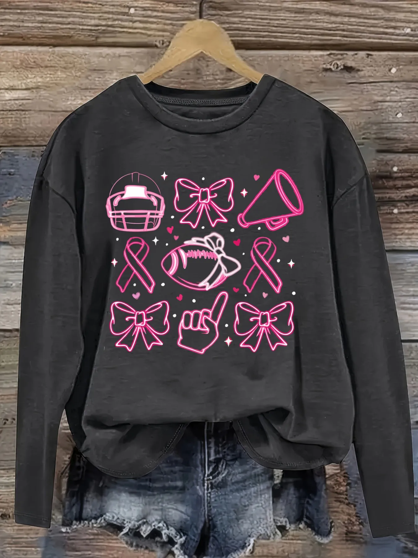 Women's Casual Long Sleeve Crew Neck T-Shirt Pink Cheerleading Icons Print Design Design, Round Neck Women's Clothing, Machine Washable, Slightly Elastic, Loose Fit, Spring Autumn Winter Women's T-Shirt, Halloween Costume Outfit