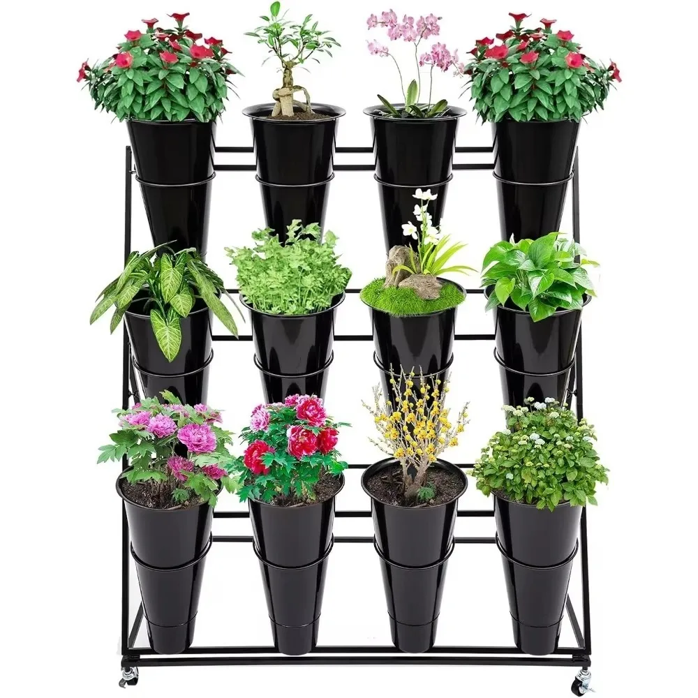 3 Tier Florist Metal Flower Rack with 12 Flower Buckets, Great Durability,Beautiful Accent Movable Flower Display Stand,