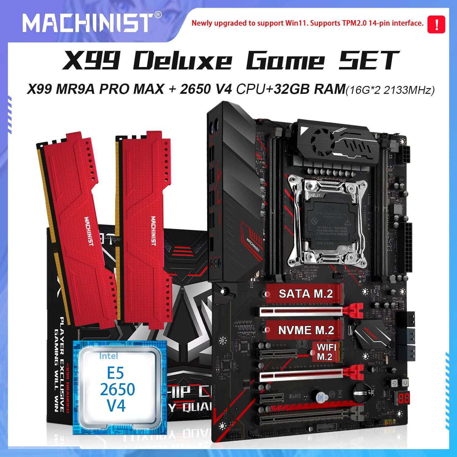 

MACHINIST X99 Set Motherboard LGA 2011-3 Kit Xeon E5 2650 V4 CPU 32GB(2x16G) DDR4 ECC RAM Memory Sata M.2 Nvme ATX MR9A PRO MAX