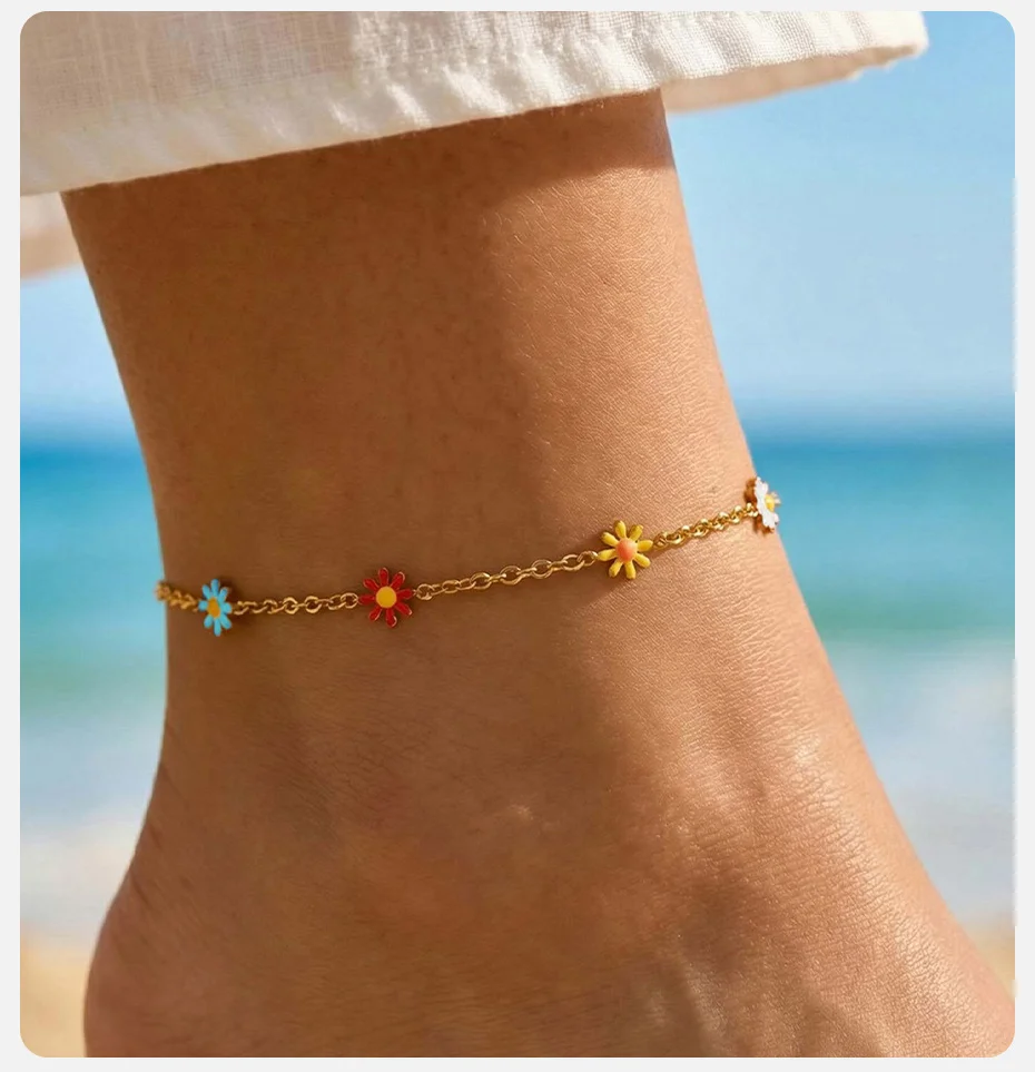 Vnox Edelstahl Buntes Gänseblümchen-Fußkettchen für Damen, Goldfarben Emaillierte Blumen-Fußkette Wasserfester Strandschmuck – Detail 3