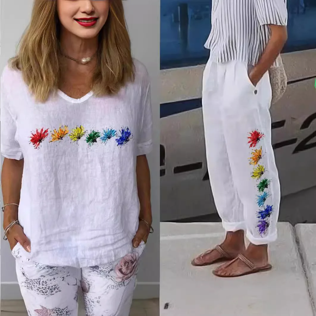 

Женский повседневный комплект из хлопка и льна с принтом 2023: длинные брюки и спортивный костюм для отдыха