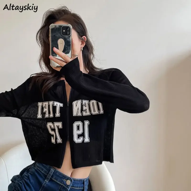 Summer Cropped Jackets Women Sun-proof Letter Design Knitted Long Sleeve Clothes Basic Mujer Streetwear Retro College BF Hipster