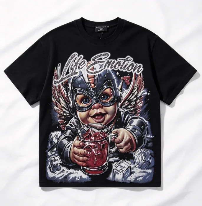 2026 new Short sleeve tee with retro cartoon masked angel doll graphic American sweet cool street style unisex loose street fit