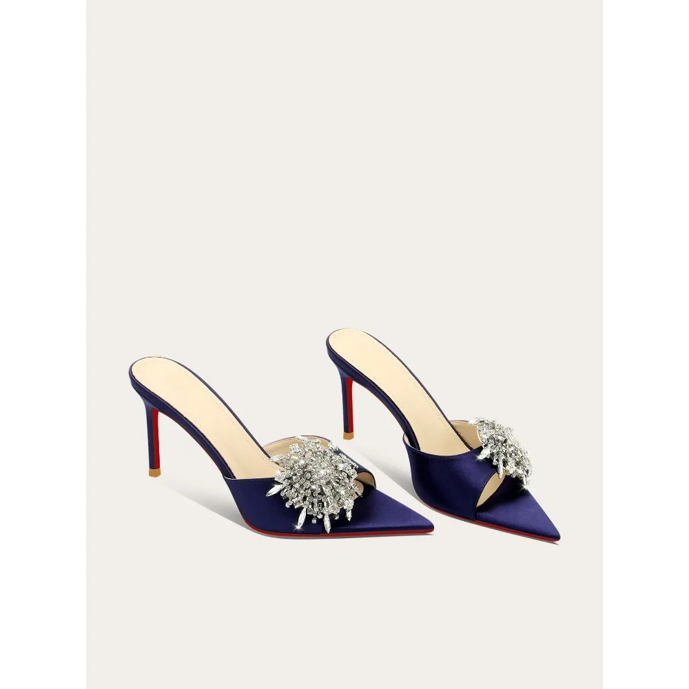 Pointed Toe Open Toe High Heel Sandals Women Luxury Blue Crystal Flower Slides view 3