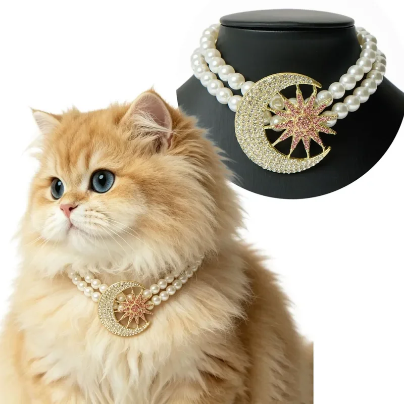 Light Luxury Full Diamond Star Moon Pearl Cat Collar Double Layer Pearl Cat Photo Necklace Gold Gradient German Muppet