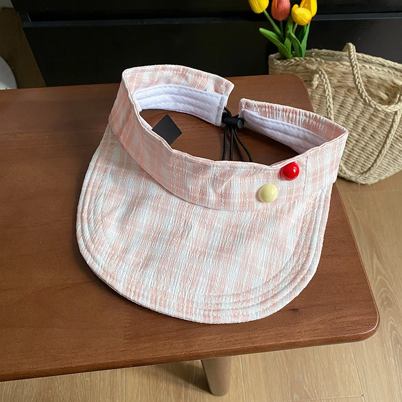 Japanese Style Plaid Crinkle Sun Hat, Summer Large Brim Empty Top Hat With Colorful Buttons, Suitable For Outdoor Vacation