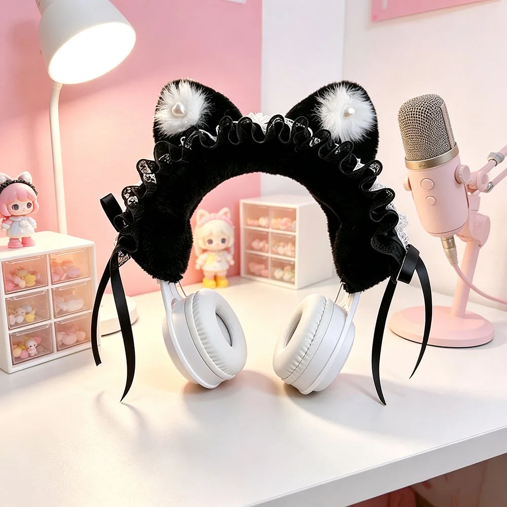 Detachable Plush Lace Cat Rabbit Wing Ears Decor Cute Wireless Headset Cosplay Gaming Headphone Gift For Girls