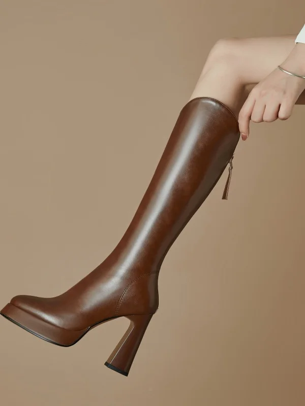 High Heel Long Tube Boots Waterproof Leather Surface Sharp Pointed Toe High Tube Boots European Style Daily Wear Winter Boots