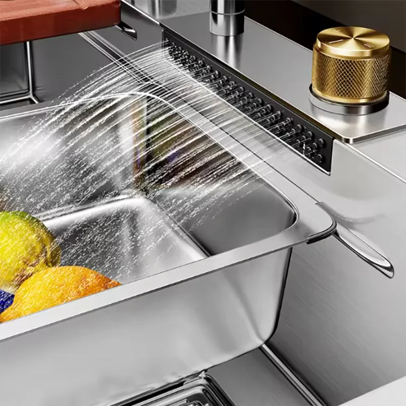 Tiktok Trends Stainless Steel All In One Kitchen Sink With Pull Down Faucet Waterfall Kitchen Faucet With Kitchen Drain