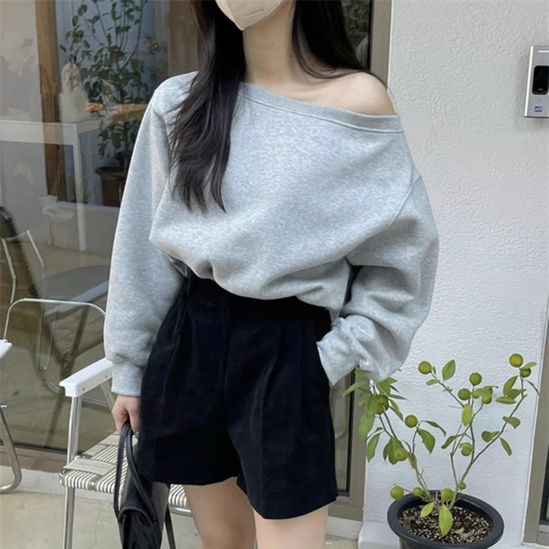 2024 Chic Irregular Off Shoulder Hoodies Women Korean Fashion Solid Color Crop Tops Woman Long Sleeve Streetwear Pullover Mujer