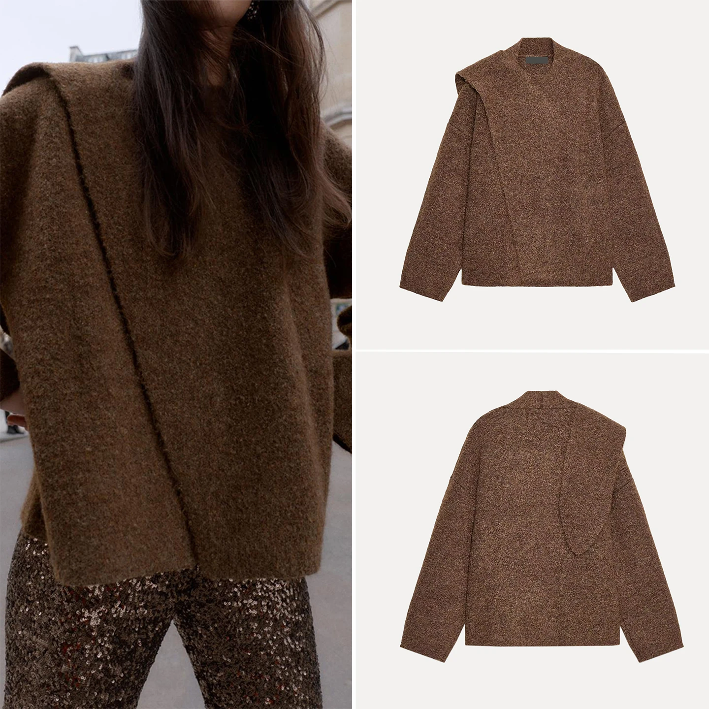 

European Sle Knitted Coat Long Sve Women's Faion Outerwear Scarf Matching Jaet Z Brand ort Length