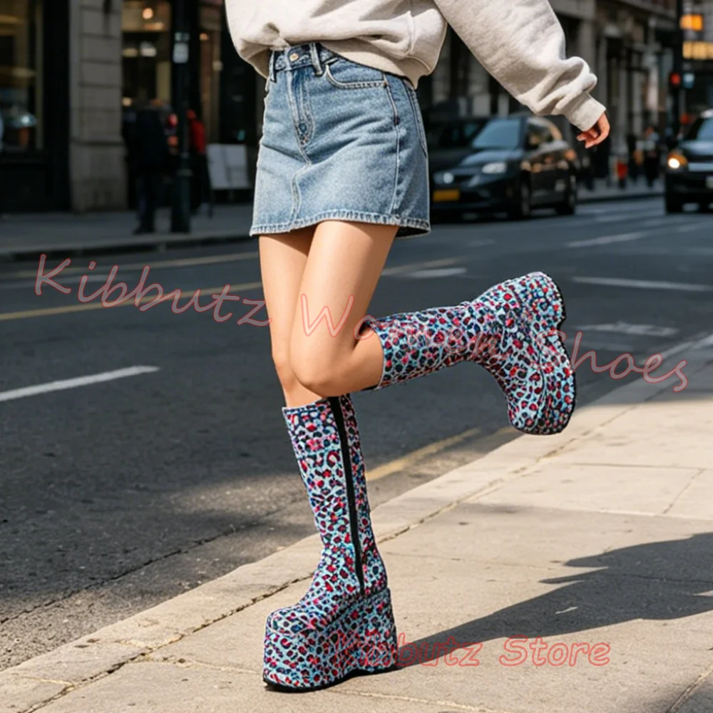 Animal Pattern Knee High Boots Platform Leopard Print Stretchy Fabric Side Zipper Sexy Club Party Increased Height Fashion New