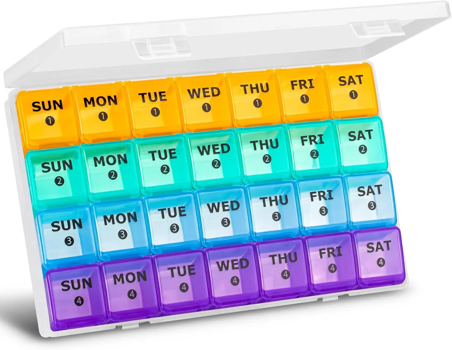 

Monthly Pill Organizer 4 Weeks, Large Compartments, Travel Case, 7 Day Pill Dispenser 4 Times a Day, Medicine Box for Vitamins