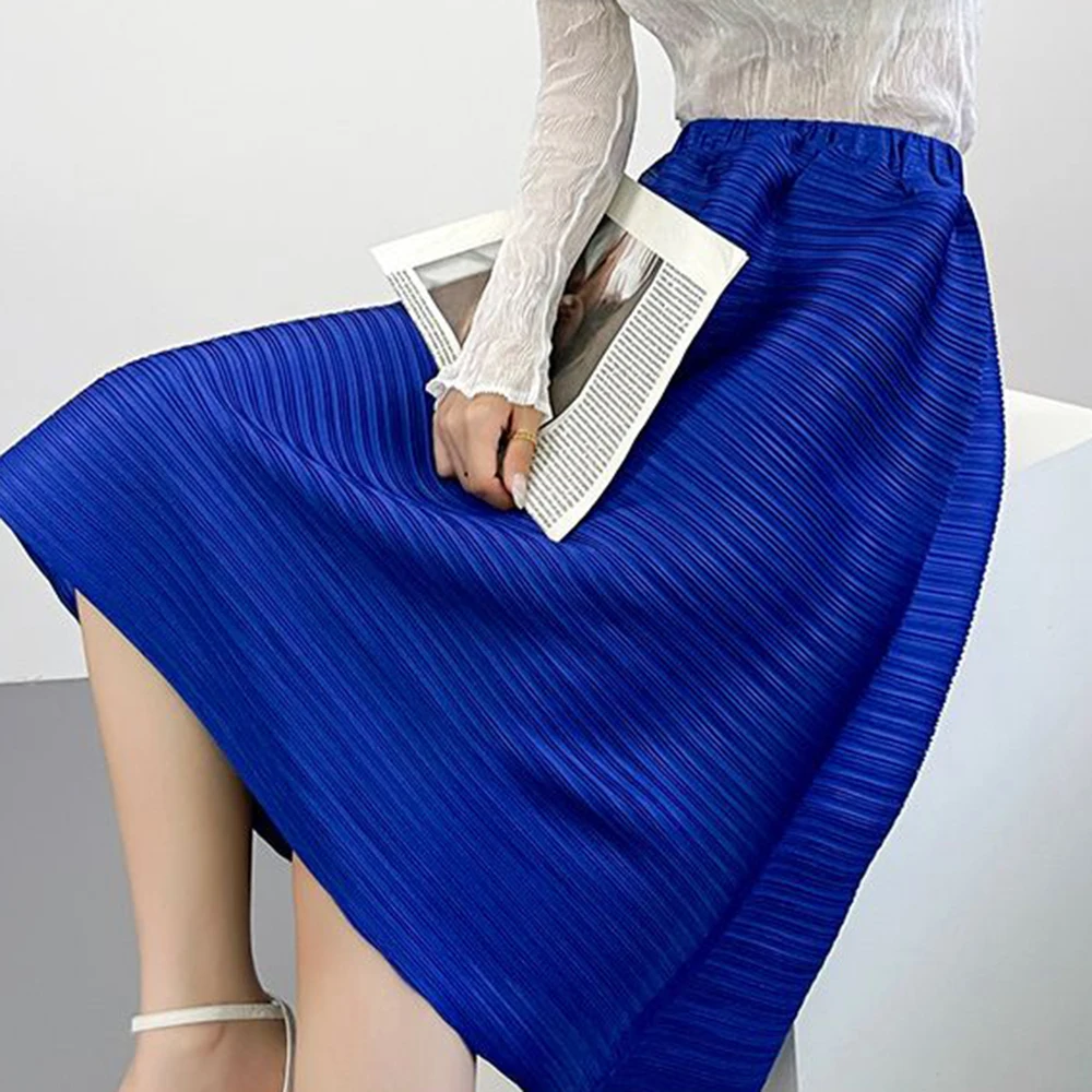 

Pleated fashion foreign style skirt women's loose solid color elastic waist cross-grain pleated medium and long A-shaped skirt