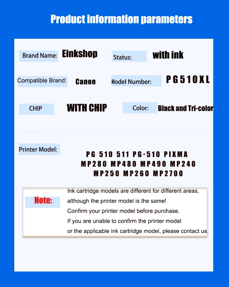 einkshop PG510 CL511 PG-510 CL-511 Ink Cartridge Refilled Dye Ink for Canon PIXMA IP2700 IP2780 IP2880 MP240 250 260 270 280