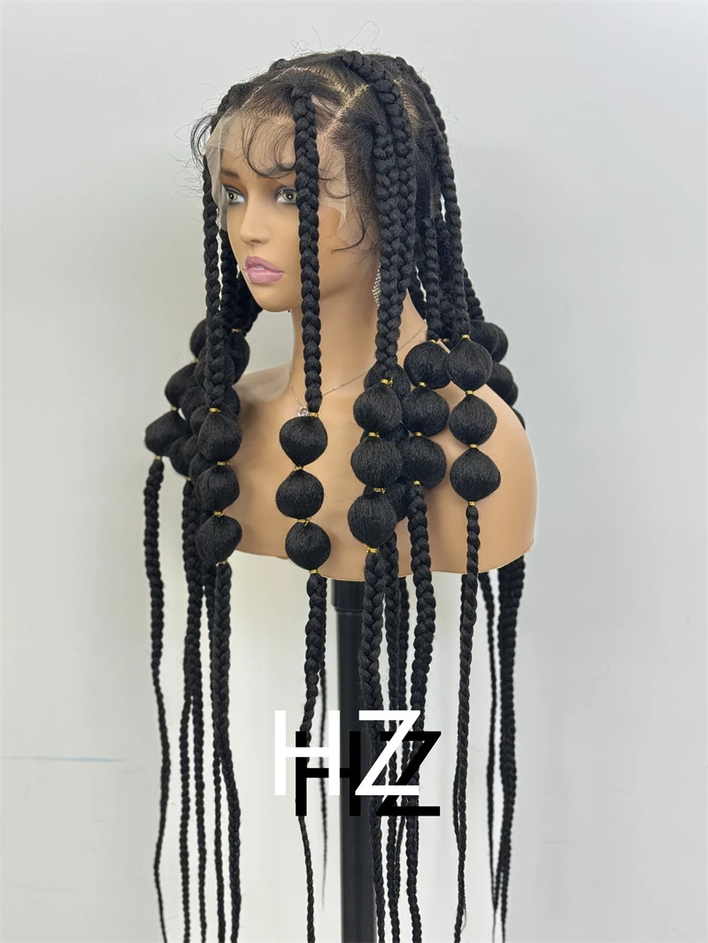 Pelucas trenzadas sintéticas de estilo largo, peluca llena de encaje HD, trenzas en caja sin nudos, pelucas para mujeres negras, pelucas de cabello trenzado africano hechas a mano