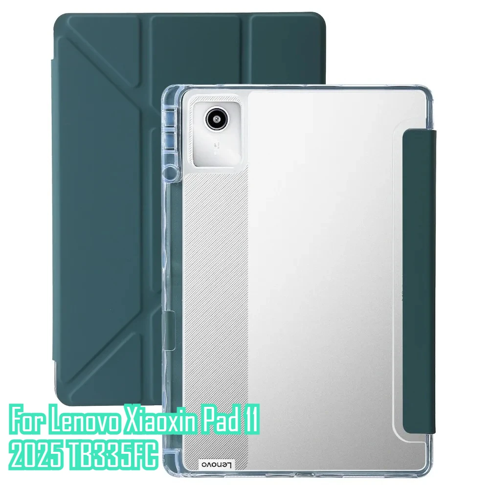 

For Lenovo Xiaoxin Pad 11 2025 TB335FC Idea M11 Case 11inch PU Leather Y-folding Stand Soft Clear TPU Back Cover with Pen Holder
