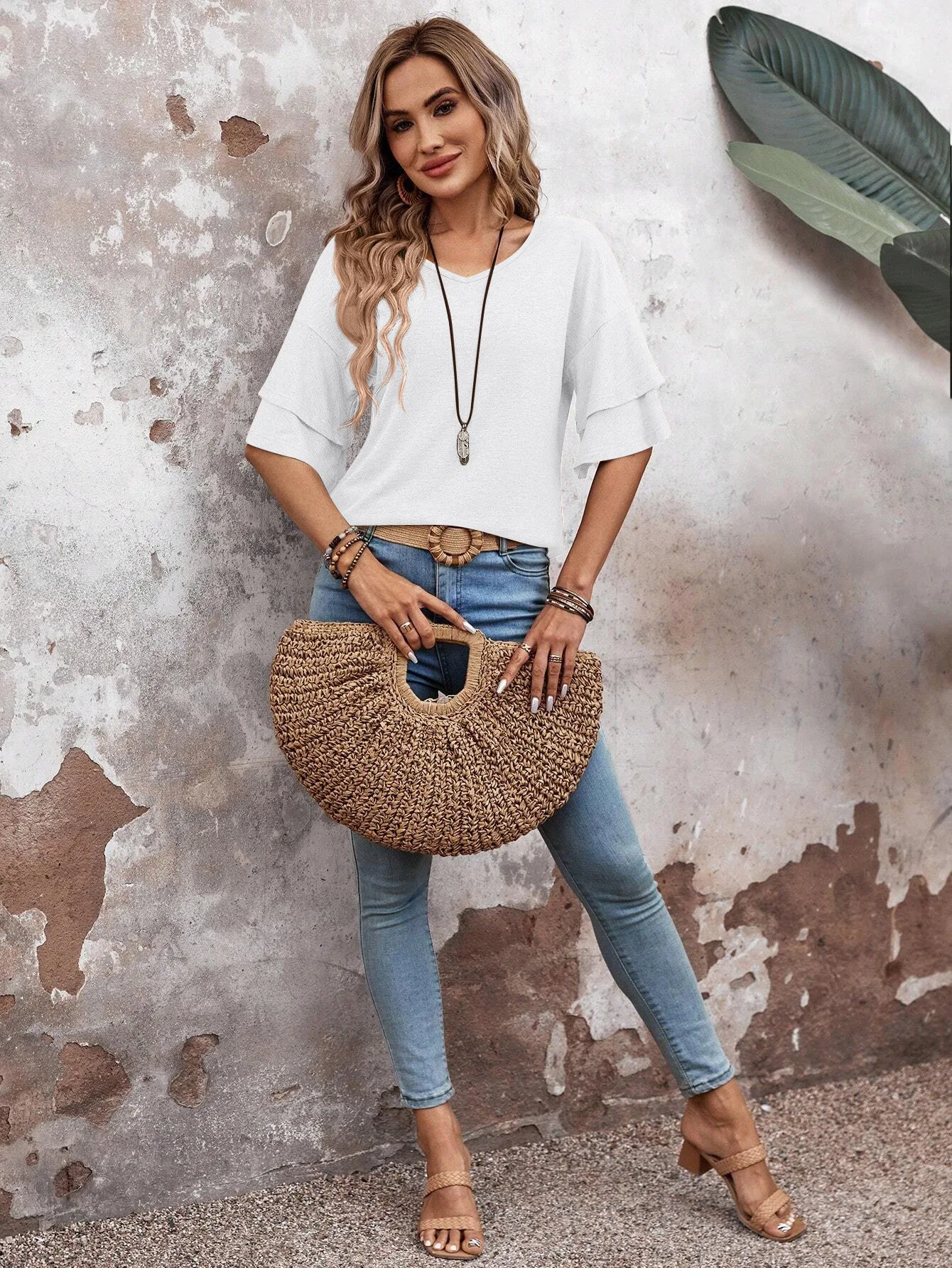 Damen-Sommer-Oberteil mit V-Ausschnitt, doppellagig, Rüschenärmel, einzigartiges, lässiges, solides Design – Detail 2
