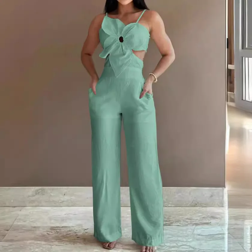 Jumpsuit wanita pola bunga Suspender kasual modis tanpa lengan kantor elegan ramping warna Solid kaki lebar musim panas