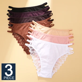 FINETOO 3 pièces Style Sexy sous-vêtements en dentelle transparente femmes bretelles culottes sans couture Perspective slips taille basse Triangle pantalon