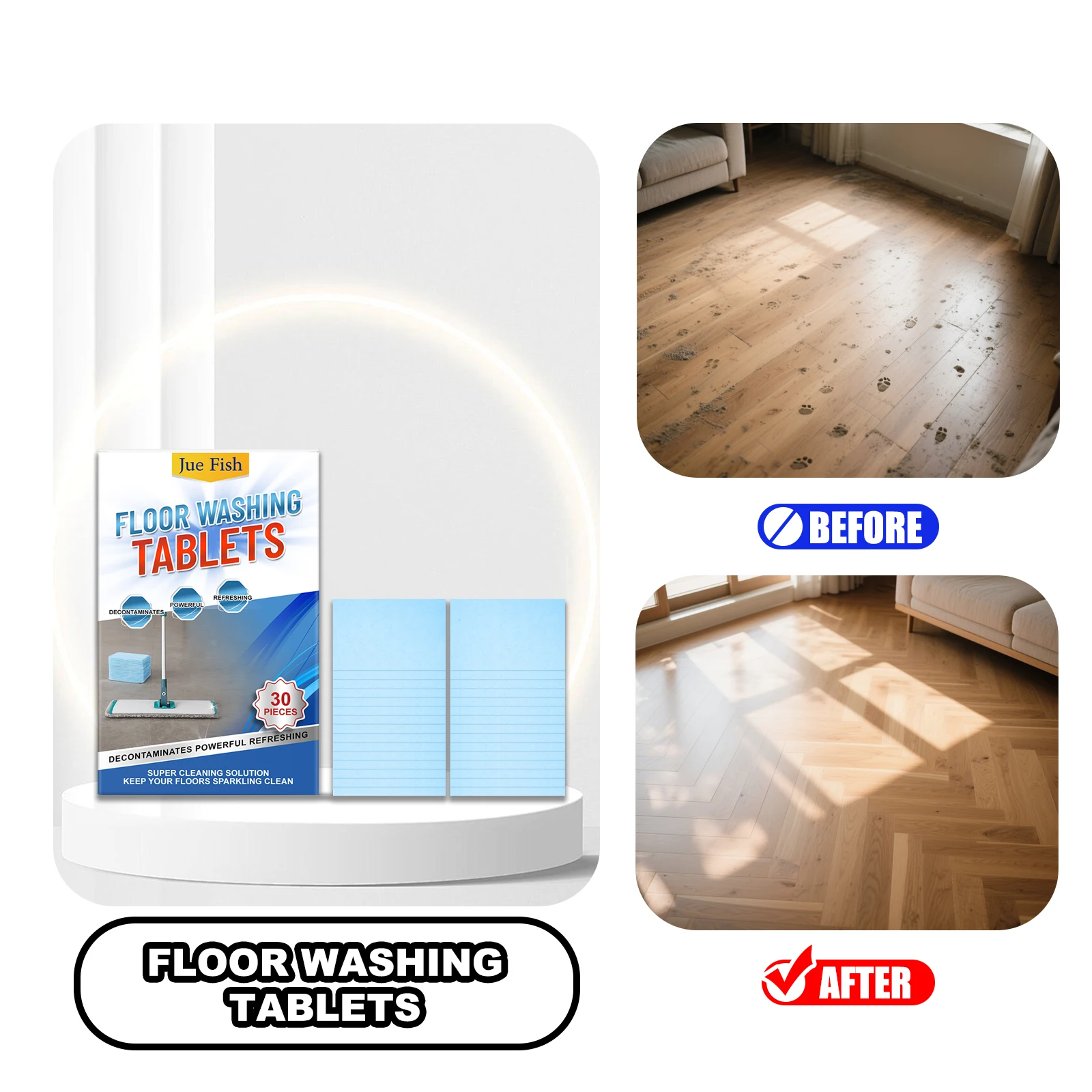 

JUE FISH Floor Washing Tablets 30Pcs/Box Floor Decontamination Descaling Cleaning Tablets Long-lasting Freshness Make Brighter