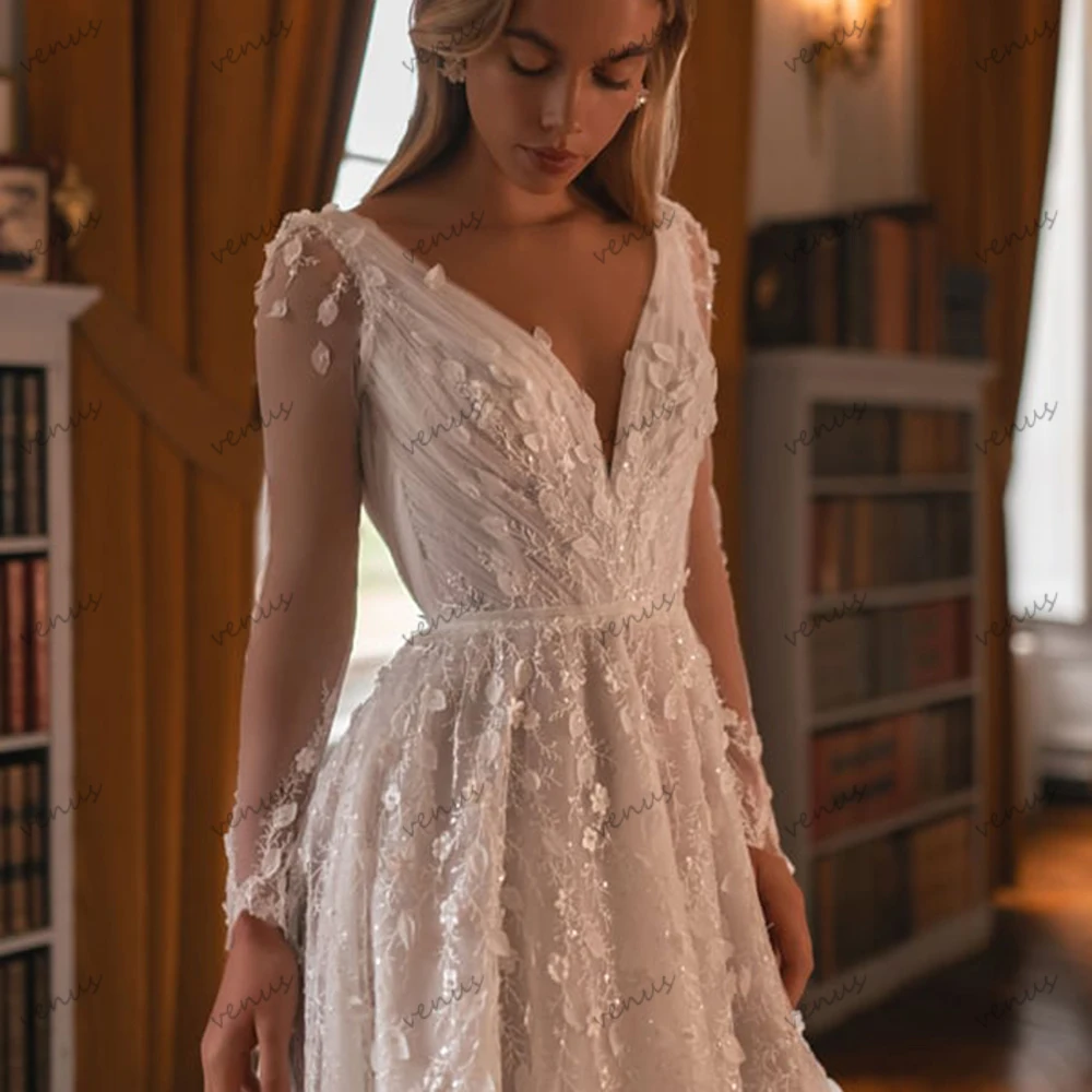 Exquisitos Vestidos De Novia una línea De tul Vestidos De Novia con gradas Apliques De encaje mangas completas cuello en V Vestidos De Novia personalizados 2026