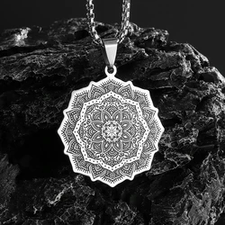 Stainless Steel Indian National Flower Mandala Flower Pendant Necklace for Men Women Yoga Om Casual Jewelry