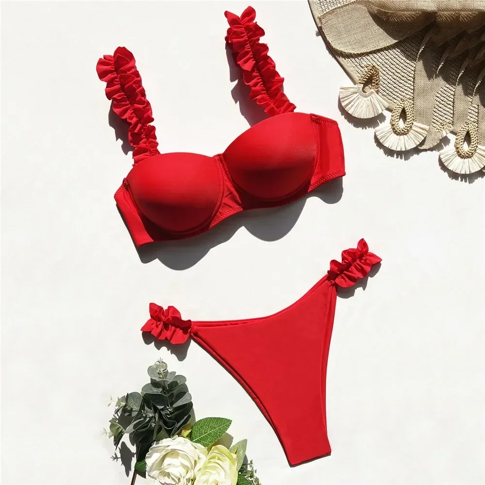 

Red Push Up Bikinis Sets Ruffled Straps Swimwear Micro Thong Sexy Swimsuit Women 2025 Back Bow Bathing Suit Brazilian Bikini