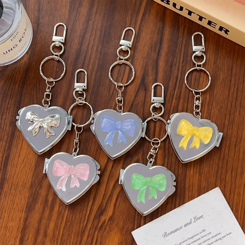 Heart Shape Mirror Keychain Women Men Y2K Bow Double Sided Cosmetic Mirror Key Chain Sweet Versatile Bag Pendant Cute Accessory